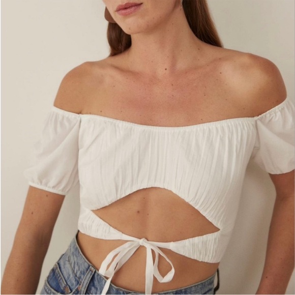 Reformation Tops - Reformation Pimenta White Off-Shoulder Tie-Front Cutout Crop Top 10